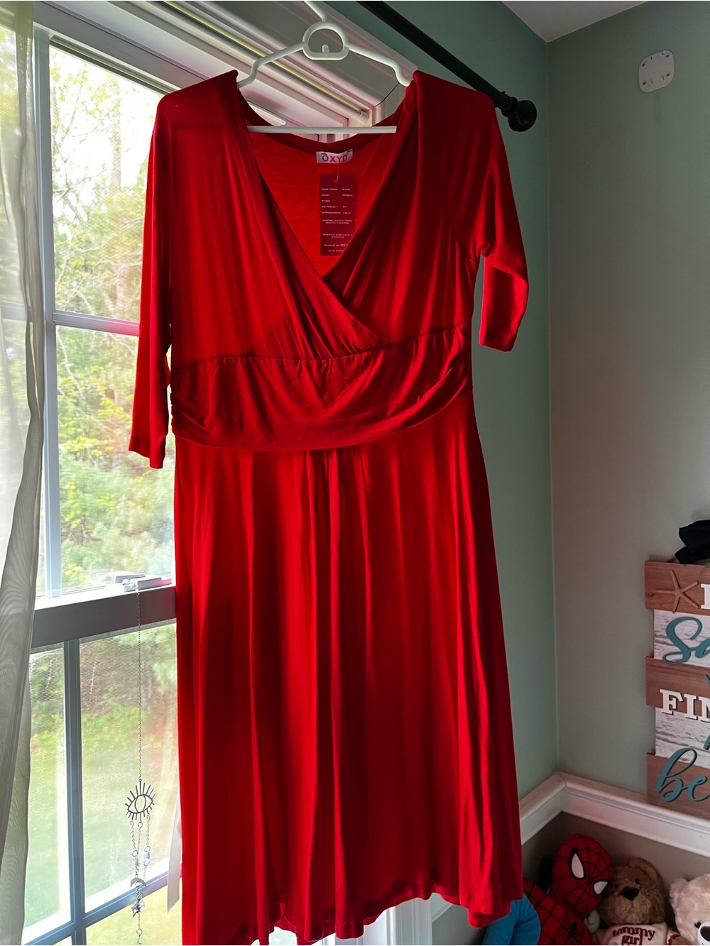 Oxyd Womens Red Faux Wrap Empire Waist Midi Dress 3/4 Sleeve Solid Size L